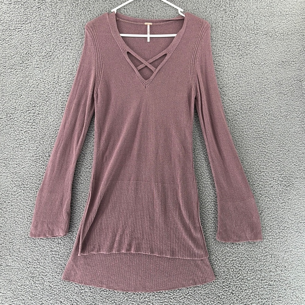Free People Womens Mauve Strappy V-Neck Ribbed Knit Tunic Sweater Bell Sleeve S